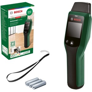 Testeur d'humidité Bosch UniversalHumid avec accessoires : piles, dragonne et emballage.