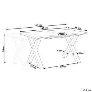Schéma de la table de salle à manger extensible Beliani Bronson, aspect bois clair, pieds en X noirs, dimensions.