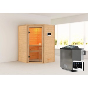 Sauna Woodfeeling Antonia con stufa bio e porta in vetro. Sauna in legno massello per ore di relax.