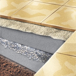 Construction en couches avec le géotextile de séparation gris Windhager Geotex sous les pavés. Le film protège contre les mauvaises herbes.