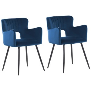 Lot de 2 : Chaises de salle à manger Sanilac en velours bleu marine avec accoudoirs et pieds en métal noir.