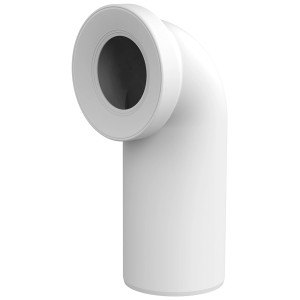 Raccord WC coudé à 90° blanc en plastique pour relier WC et tuyau d'évacuation.