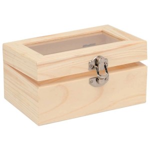 Scatola in legno di pino con coperchio in vetro acrilico e chiusura, ideale per dipingere e decorare.