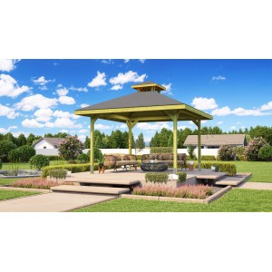 Gazebo Weka oasi da giardino con tettoia, 380x380 cm, in giardino con salotto.