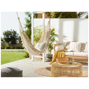 Amaca Vercelli in cotone beige (290x150cm) con pompon in stile boho per giardino e terrazza.