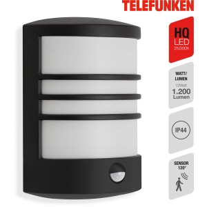Applique murale d'extérieur LED Telefunken Toledo noire avec détecteur de mouvement, 12W.