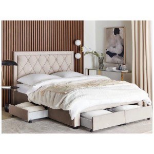 Beiges Samt Bett 160x200 cm mit Schubladen. Beliani Bettgestell mit Chesterfield-Kopfteil.