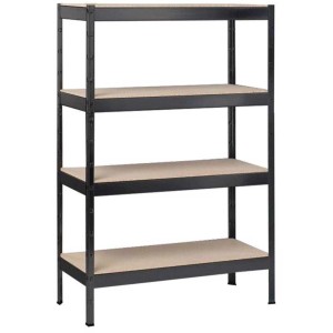 Étagère noire à emboîter avec 4 tablettes en bois, 180x100x40 cm, idéale pour cave ou garage.