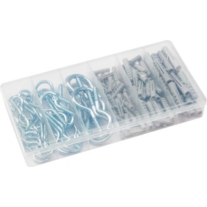 Set di ganci da 120 pezzi con ganci, viti e tasselli in scatola di assortimento per raccordi di collegamento.