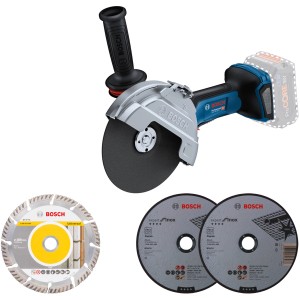 Smerigliatrice angolare a batteria Bosch Professional GWS 18V-180 P Solo con accessori e dischi da taglio.