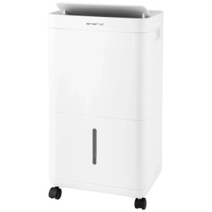 Déshumidificateur Emerio blanc avec roulettes et indicateur de niveau d'eau.