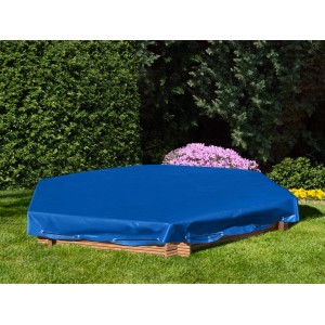 Copertura blu per sabbiera esagonale con cordino elastico.