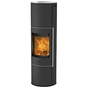 Poêle en acier noir Fireplace Perondi avec des flammes dans la chambre de combustion.