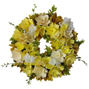 Ghirlanda decorativa gialla, Ø 35 cm, con fiori gialli e bianchi per una decorazione primaverile.