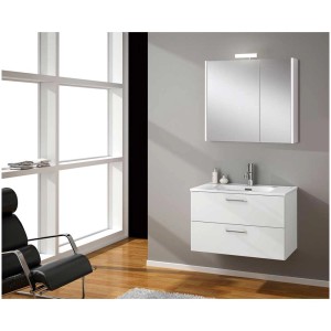 Ensemble de meubles de salle de bain Noa blanc moderne avec lavabo, meuble sous-vasque et armoire de toilette avec éclairage LED.