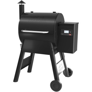 Barbecue à pellets de bois Traeger Pro 575 noir avec contrôleur numérique et roues.