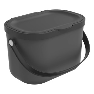 Anthrazitfarbener Rotho Bioabfallbehälter Albula (3,2 l) mit Deckel und Tragegriff.