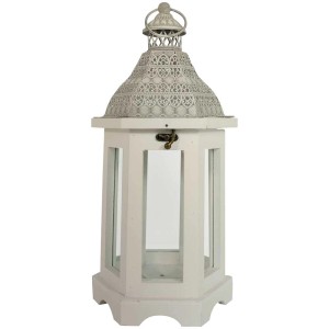 Lanterne en bois blanche hexagonale (taille S) avec toit en métal ajouré pour une lumière chaleureuse.