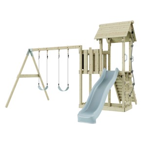 Altalena per bambini PolarPlay Uppsala blu ghiaccio con scivolo e torre di arrampicata in legno.