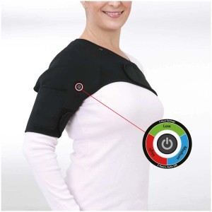 Fascia riscaldante Stylies nera per spalla destra, con power bank per uso mobile.