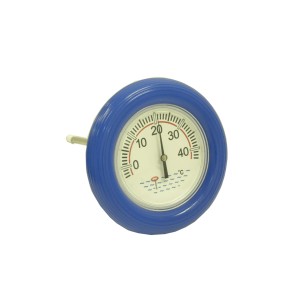 Grand thermomètre flottant à bord bleu pour mesurer la température de la piscine.