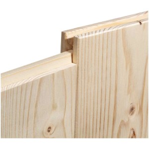 Dettaglio: Pannello a tre strati in abete rosso con linguetta e scanalatura, ideale per finiture interne.