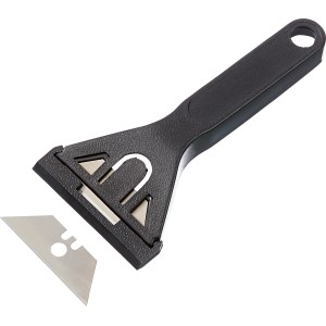 Grattoir à vitre LUX avec manche noir et lame de rechange pour enlever les résidus.