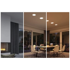 Panneau LED encastrable Paulmann Veluna VariFit : Différents scénarios d'éclairage dans le salon.