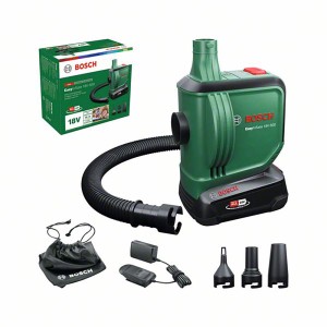 Pompe à air sans fil Bosch EasyInflate 18V-500 avec accessoires et batterie en kit.