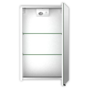 Meuble miroir LED Sieper Gabun blanc ouvert avec deux étagères en verre, prise et interrupteur.