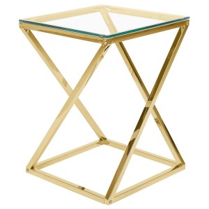 Elegante tavolino Beverly con piano in vetro e struttura in acciaio inox dorato.