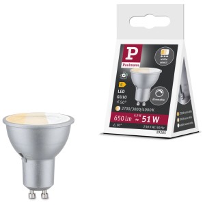 Paulmann LED GU10 Reflektorlampe matt Chrom, dimmbar, 3 Lichtfarben wählbar. 6,9W, 650lm.
