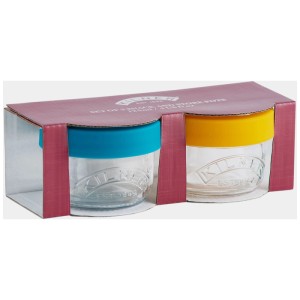 Set barattoli snack Kilner, 2 barattoli trasparenti con coperchi blu e giallo per la conservazione degli alimenti.
