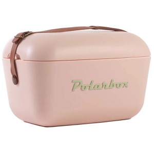 Retro Kühlbox Polarbox in Nude, 12 Liter, mit braunem Trageriemen.