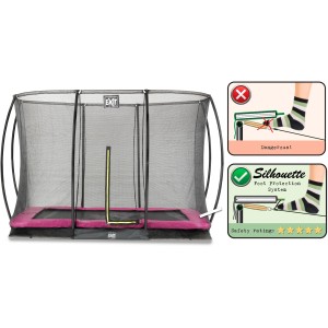 Trampolino rettangolare da incasso EXIT Silhouette 244x366 cm rosa con rete di sicurezza e sistema di protezione del piede.