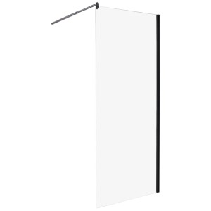 Paroi de douche en verre transparent avec profil noir et barre de support argentée pour douches à l'italienne.