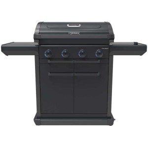 Campingaz Barbecue à gaz 4 Series Onyx S, grill noir avec quatre brûleurs et réchaud latéral.