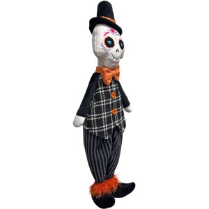 Figura decorativa di Halloween: uomo fantasma in stile sugar skull con cilindro, frac e pantaloni a righe, altezza 75 cm.