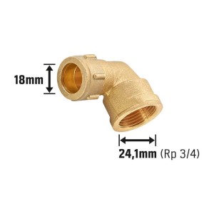 Raccordo a gomito a compressione in ottone, 18 mm x 24,1 mm (Rp 3/4), per installazione di tubi in rame nell'impianto idraulico.