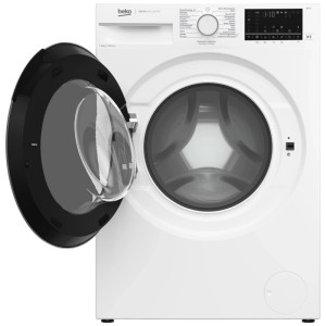 Lave-linge frontal Beko WM325 blanc avec porte ouverte, capacité 9 kg, 1400 tr/min.