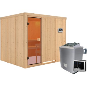 Sauna Karibu Nybro con stufa e porta in vetro, sauna in legno massello per esperienze rilassanti.
