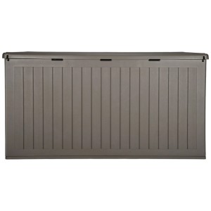 Coffre de rangement Oslo XL taupe, capacité 870 l, plastique aspect bois pour jardin et terrasse.