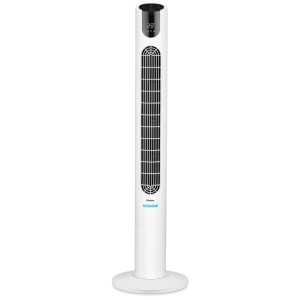 Ventilateur tour Trisa Comfort Breeze blanc avec écran digital et design fin.