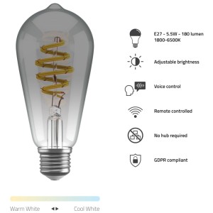 Lampadina Smart Filament Hombli ST64 Smokey con attacco E27 e vetro fumé.