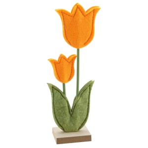Supporto a tulipano arancione in feltro e legno, 19,5 cm, decorazione pasquale primaverile.