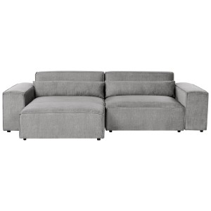 Canapé d'angle Beliani Hellnar gris en tissu, méridienne à droite et coussins.