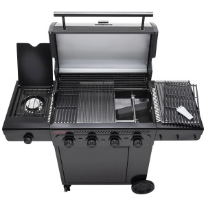 Barbecue a gas nero Char-Broil Essential 4 G con bruciatore laterale, superficie di cottura aperta e comandi.