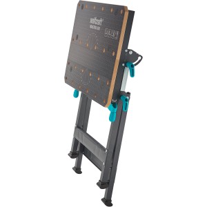 Tavolo da lavoro e serraggio wolfcraft Master 650 Ergo piegato con telaio in tubolare d'acciaio grigio e piano di lavoro.