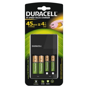 Chargeur Duracell CEF14 avec 2 piles AA et 2 piles AAA incluses.