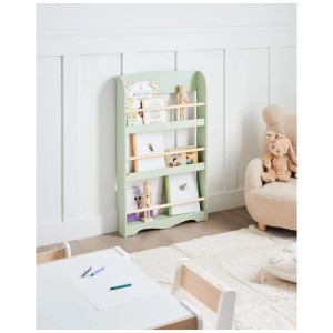 Étagère murale Beliani Liloet vert clair pour enfants en pin/MDF avec 3 compartiments, remplie de livres.